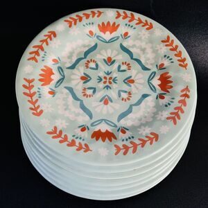 7 BAUM Brothers ESSEX FOLK MEDALLION Melamine 10.5” Dinner Plate Teal Coral Set